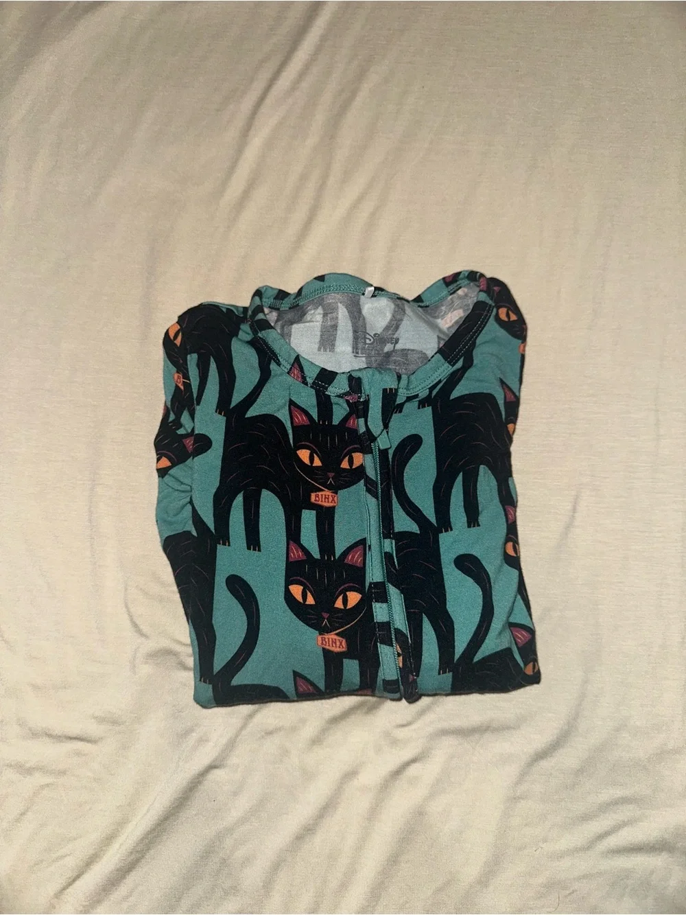Posh Peanut Teal Footie with Black Cat Print and Orange Accents